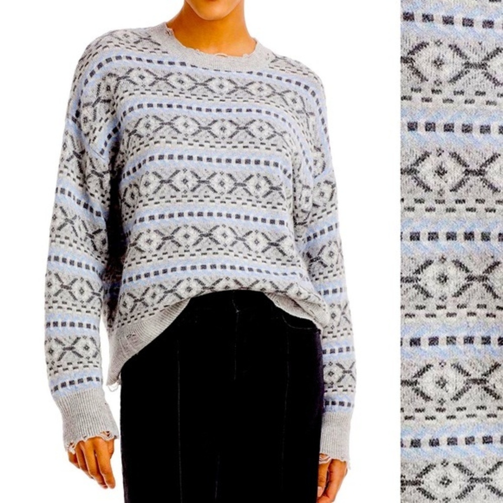 Aqua Cashmere Printed Crewneck Sweater, light grey combo, size M NWT